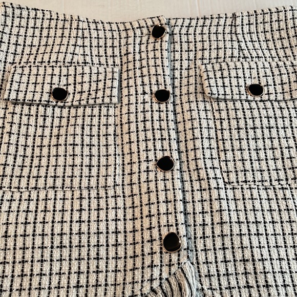 ♻️Shein Curve Black White Silver Houndstooth Frayed Fringe Midi Skirt Black 1XL - Picture 4 of 17